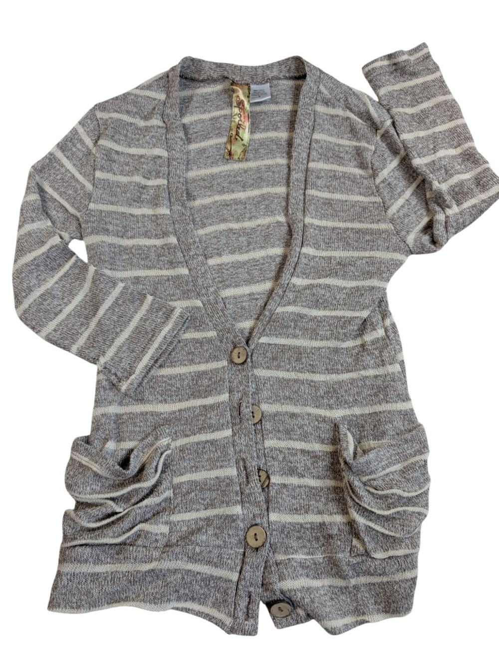 Spoiled Thin Button Sweater 2 Pockets Women's Size S Oatmeal/Ivory Striped Comfy
